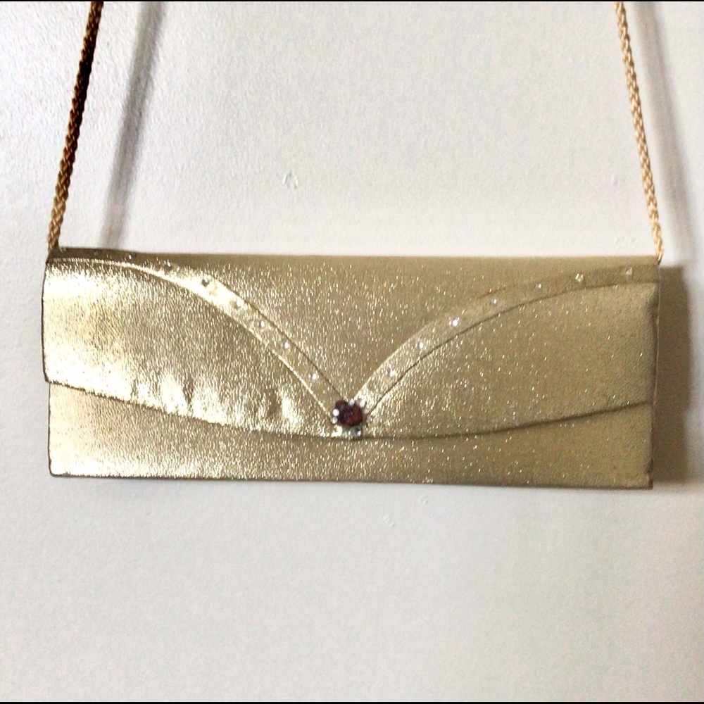 Gold Sparkling Envelope Clutch with Braided Gold Tone Strap